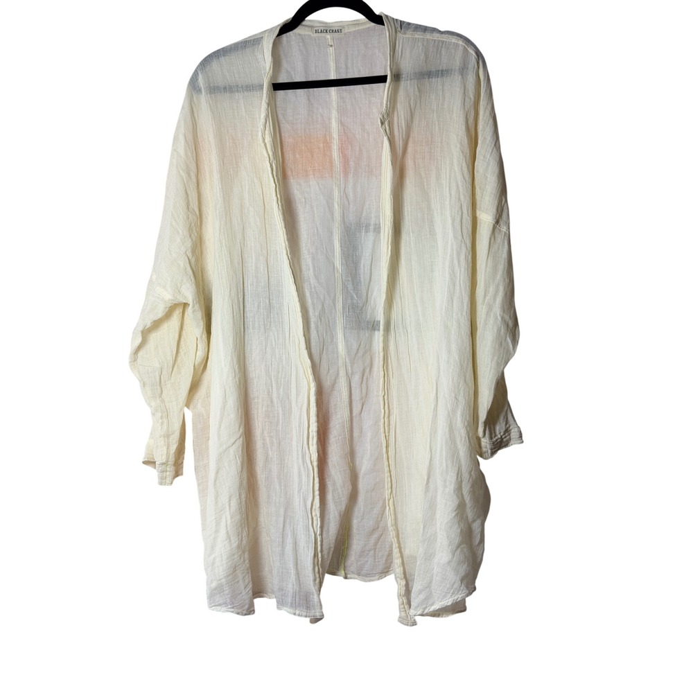 Black Crane Cotton Gauze Kimono Cardigan Cream OS
